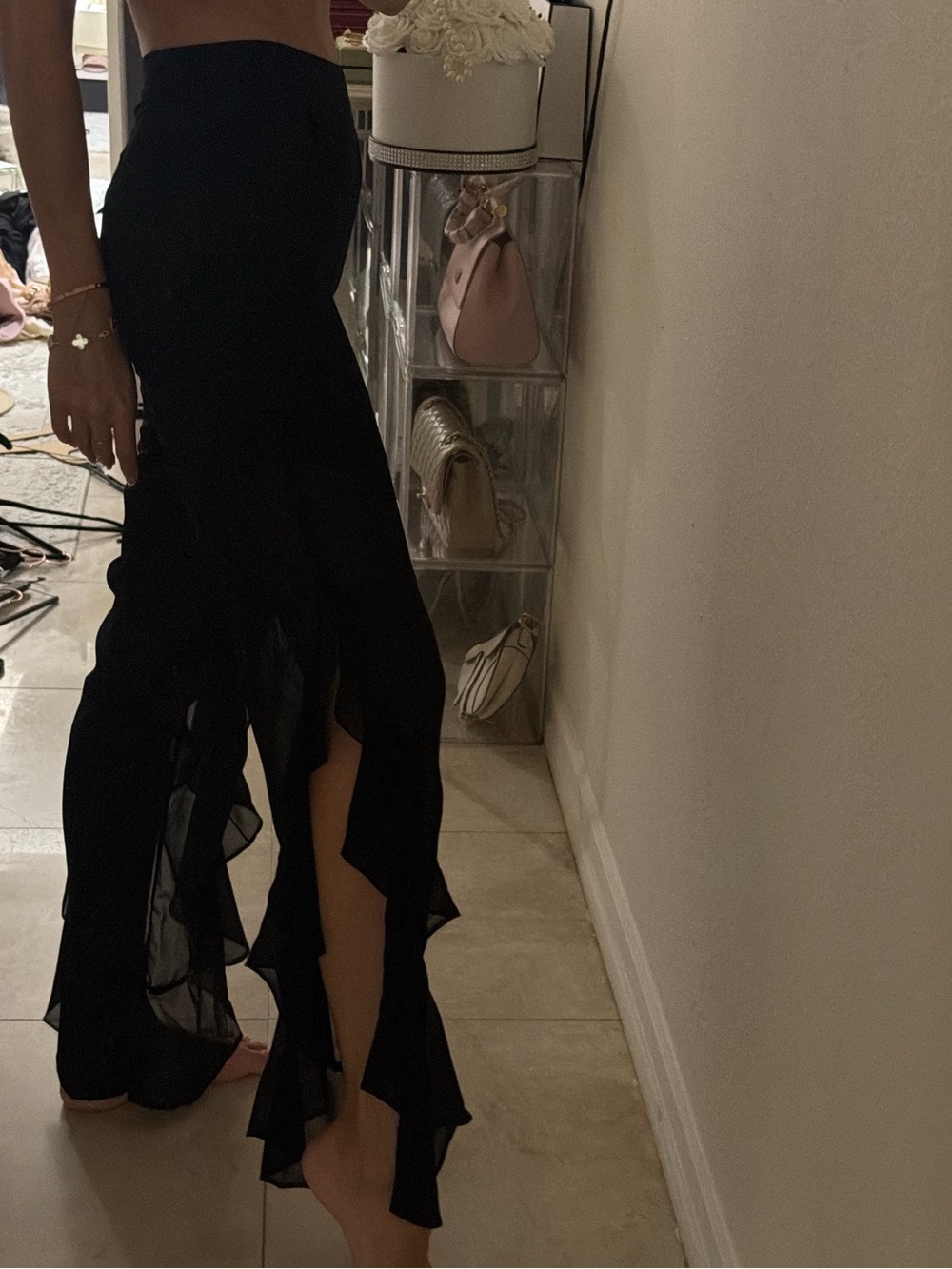 Black Ruffle Hem Pants - Women's Elegant Evening